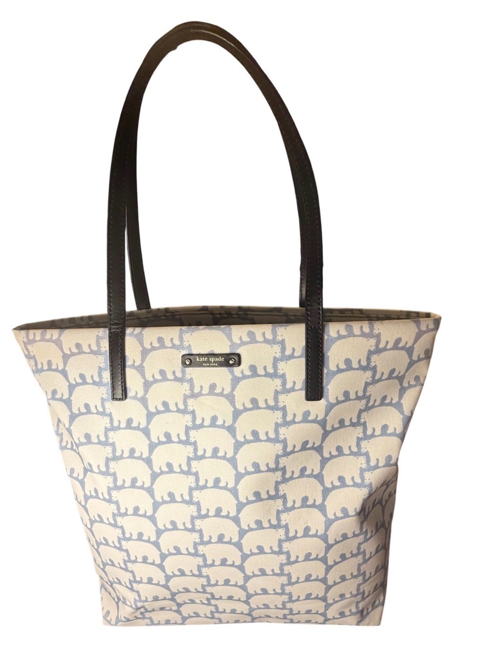 kate spade Cream and Light Blue Elephant Print Tote with Black Handles